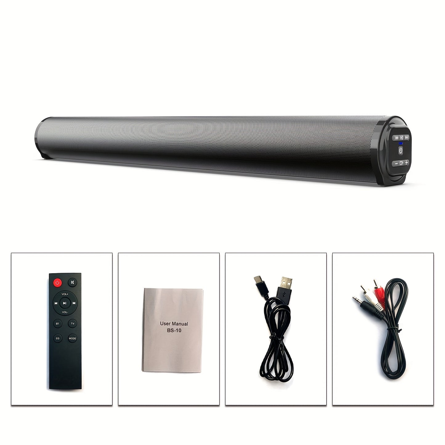Soundbar with remote control, user manual, cables on a white background