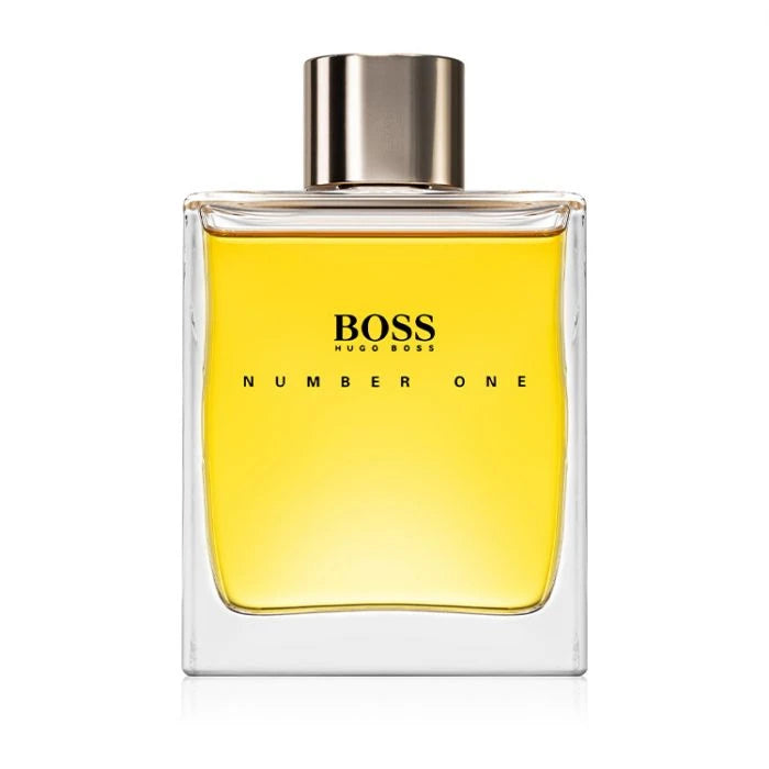 BOSS Number One perfume bottle with yellow liquid on a white background