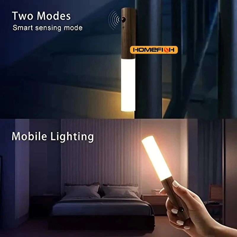 Wall-mounted light fixture with smart sensing mode and mobile lighting feature, featuring the HOMEFISH brand.