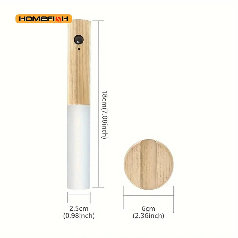 Measurement chart of a wooden and white cylindrical product with dimensions labeled.