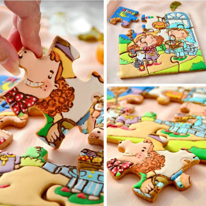Collage of a children's puzzle with cartoon characters and a hand placing a piece.