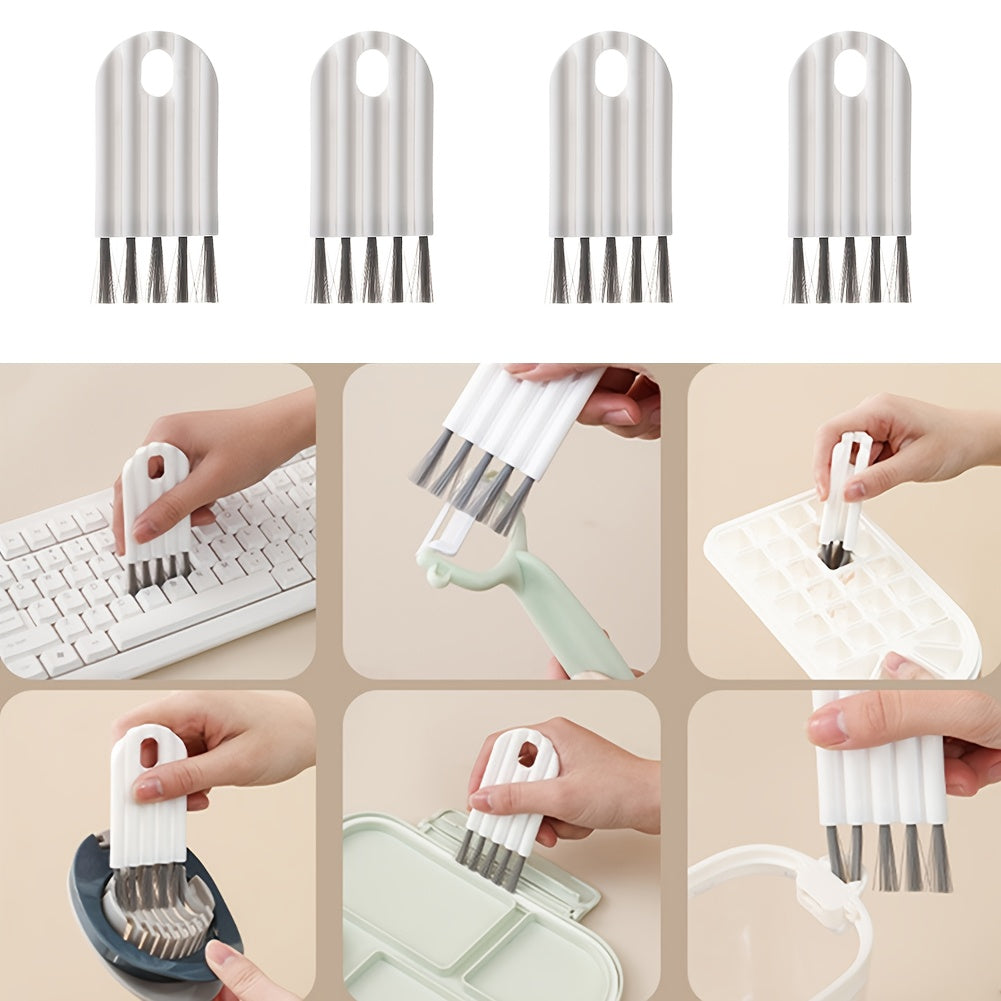 Collage of a cleaning tool with bristles being used on various surfaces.