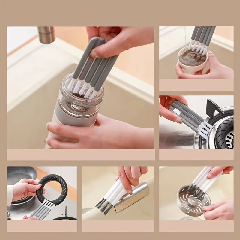 Collage of a cleaning brush being used on various kitchen items.