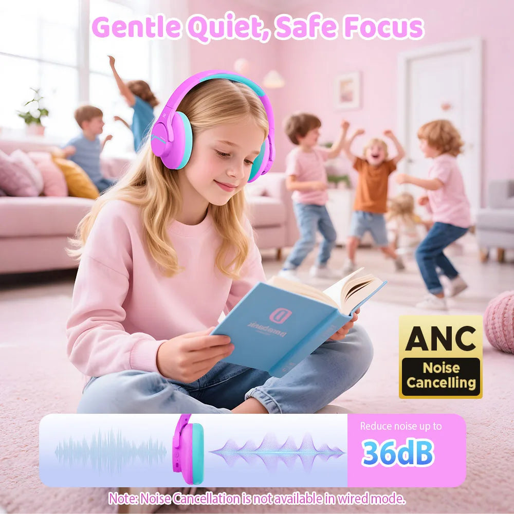 Child wearing pink headphones reading a book with a background of children playing.