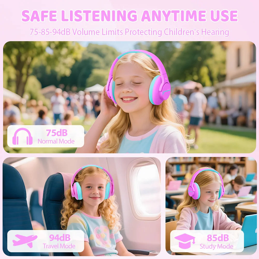 Child wearing pink headphones with volume mode indicators in various settings.