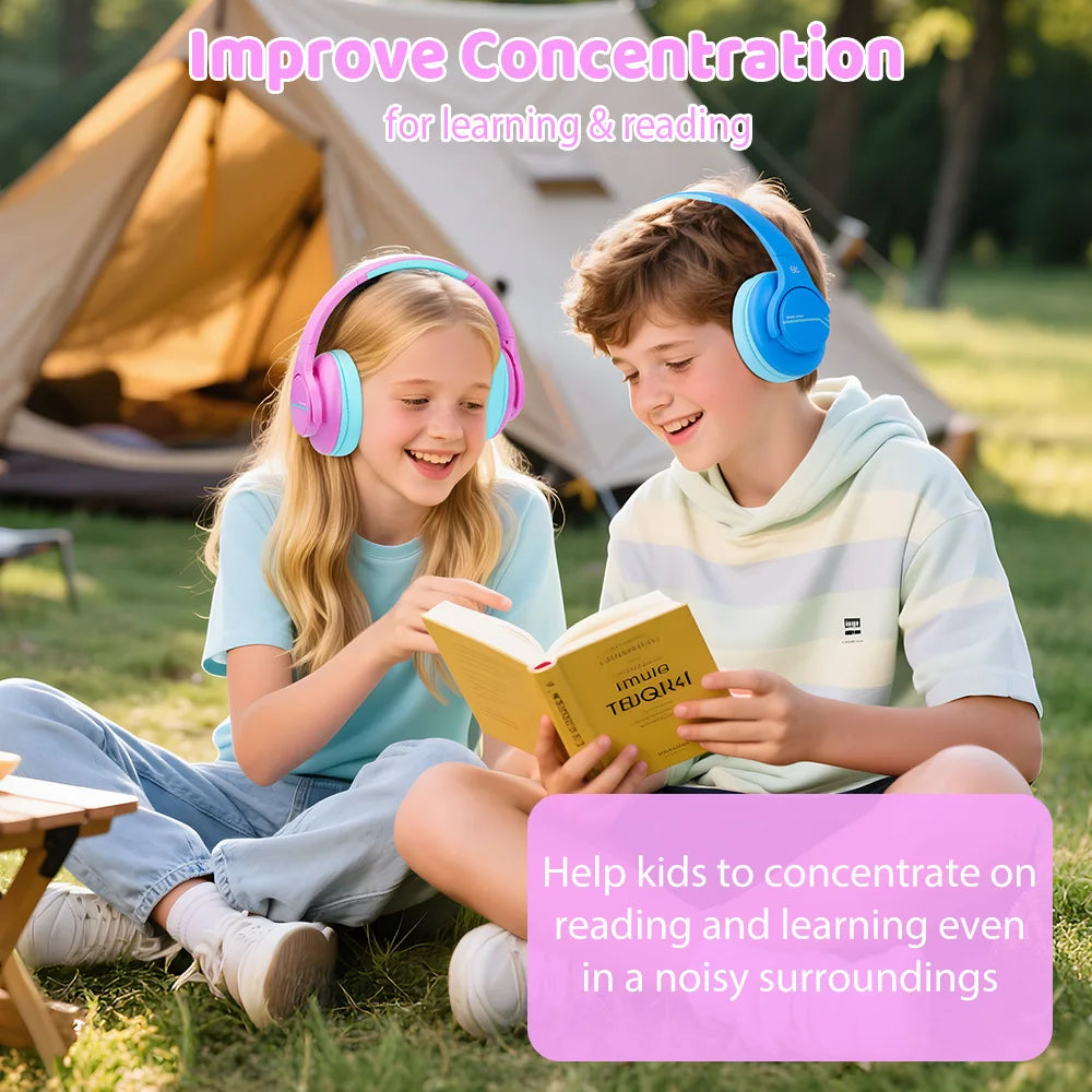 Two children wearing headphones and reading a book outdoors with text about improving concentration for learning.