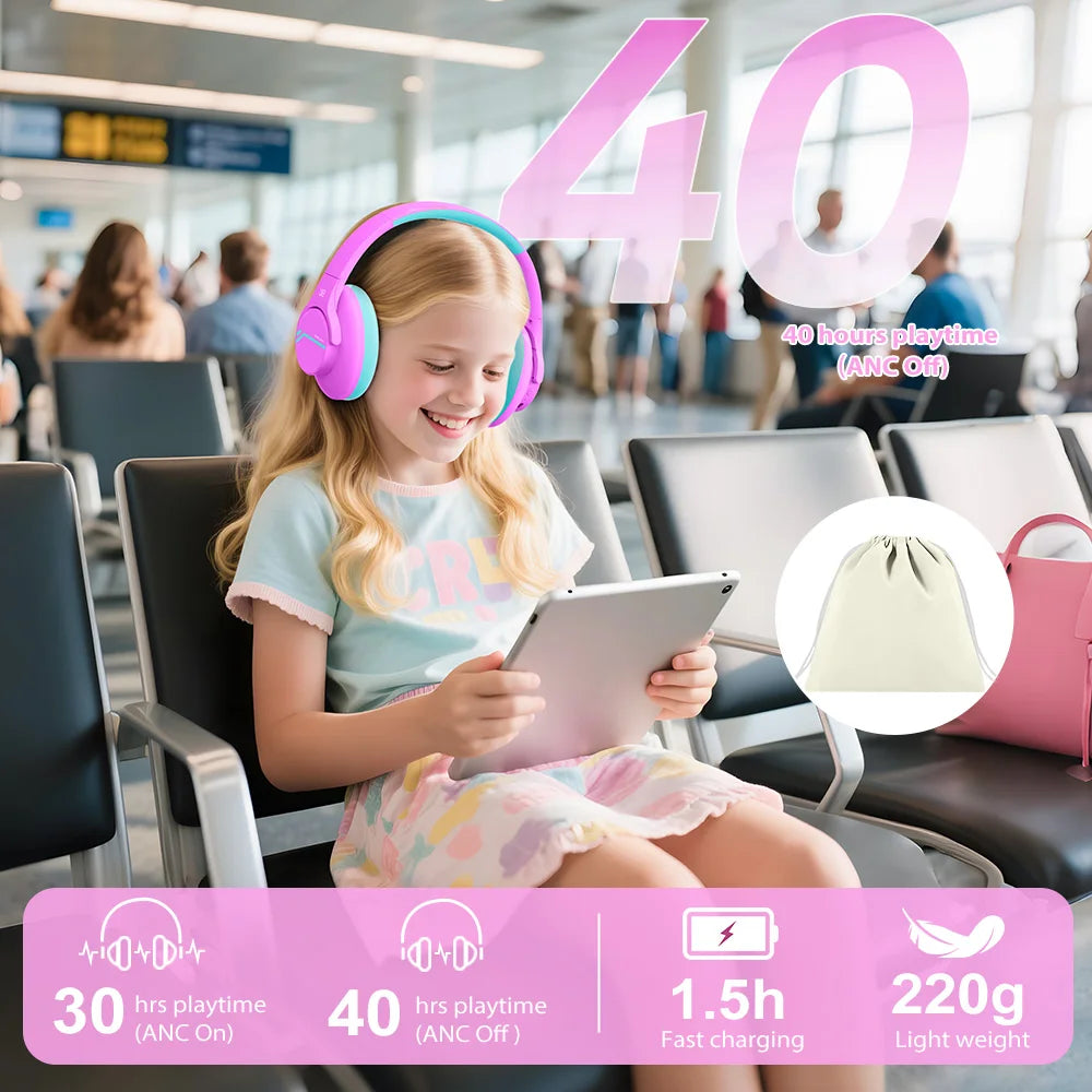 Child in an airport using a tablet with pink headphones, surrounded by travel items.