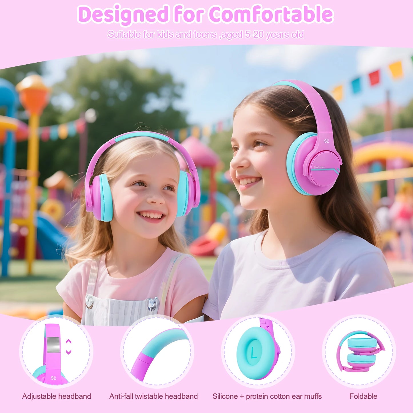 Two children wearing pink headphones in a playground setting with product features highlighted.