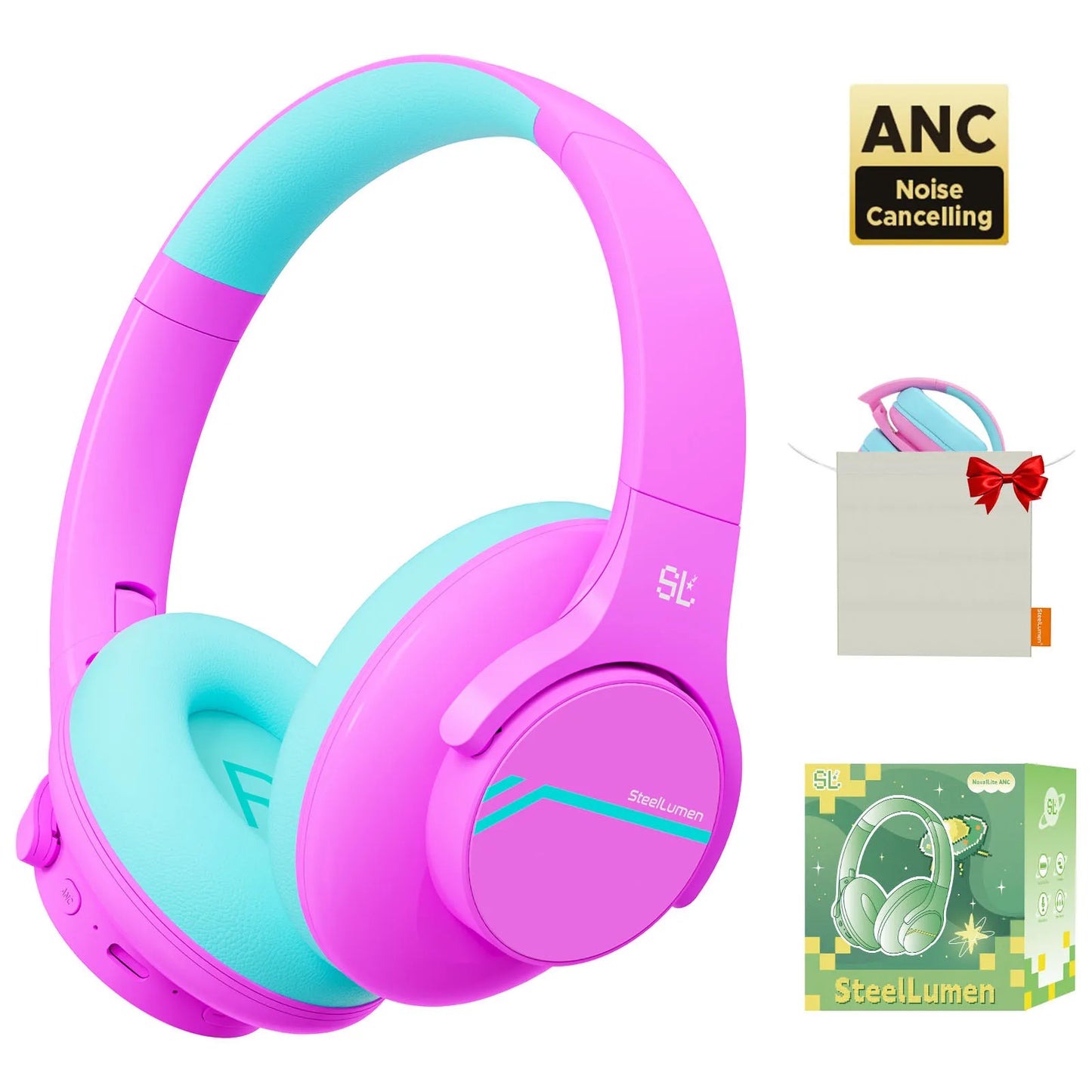 Pink and teal headphones with noise-cancelling feature, packaging, and SteelLumen logo.