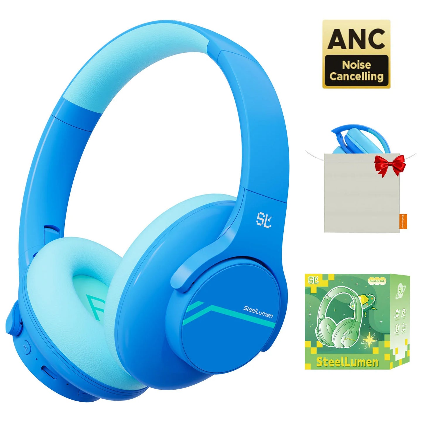 Blue noise-cancelling headphones with packaging and accessories on a white background