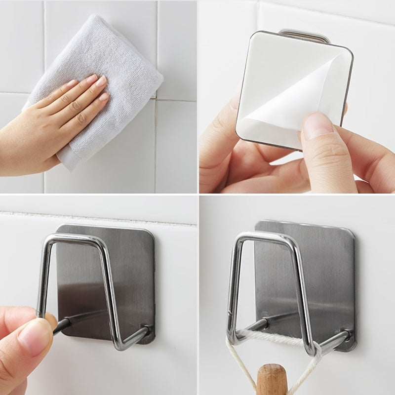 Step-by-step process of using a wall-mounted hook with a hand holding a cloth and a wooden item.