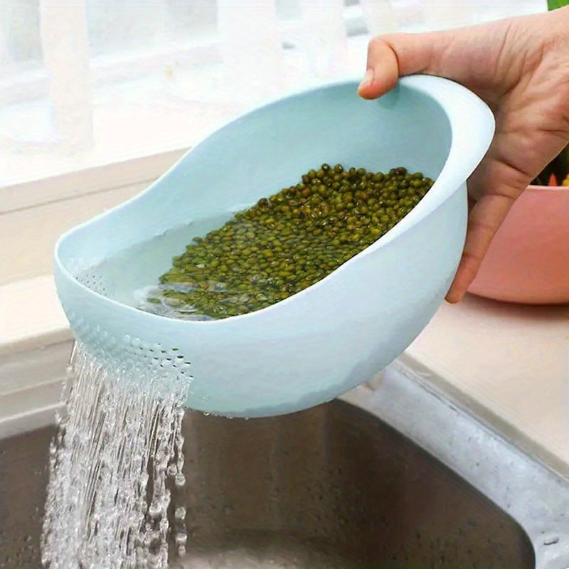 Person rinsing green beans in a blue colander over a sink