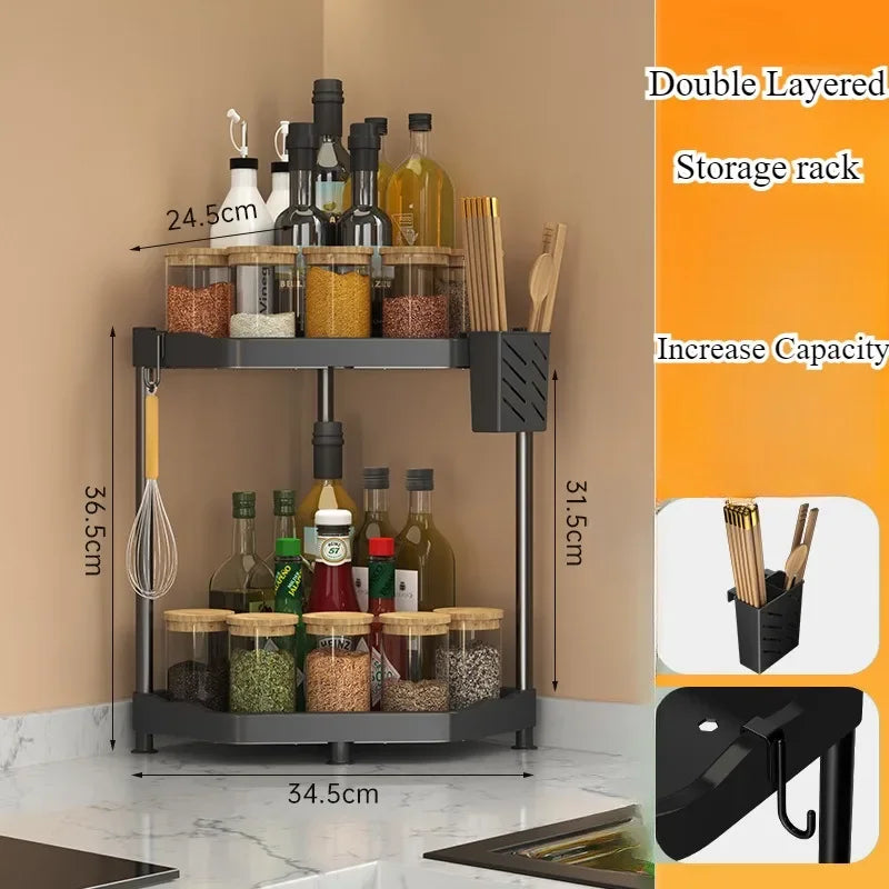 Double-layered storage rack with kitchen items on a beige background
