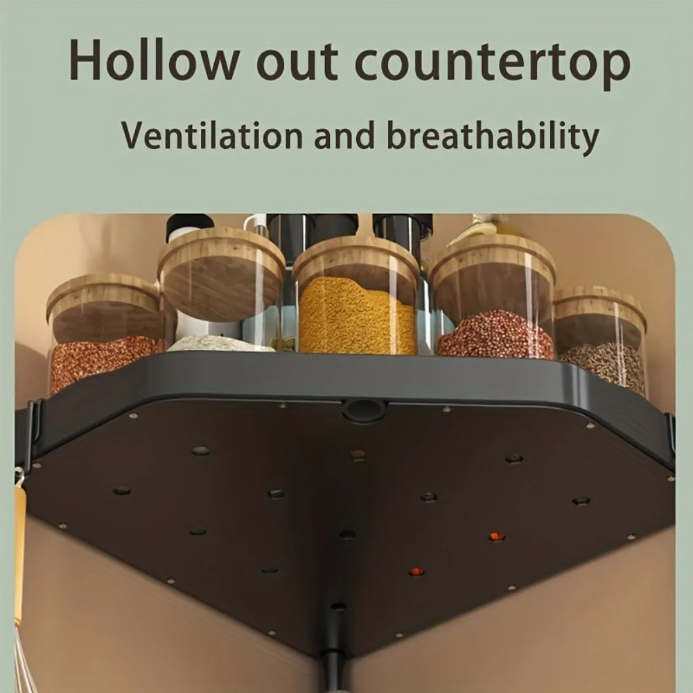 Hollow-out countertop design with ventilation holes and jars of grains on a light green background.