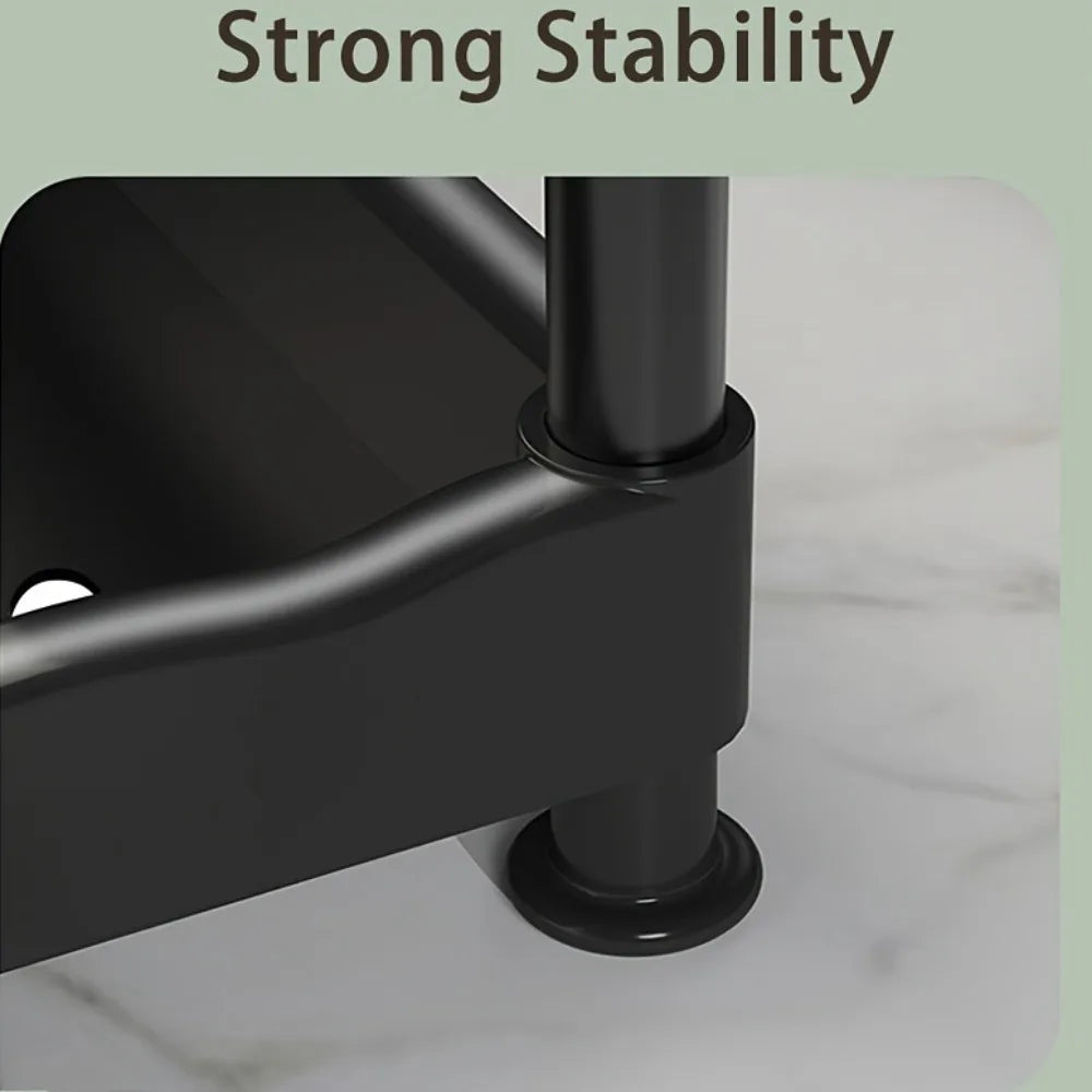 Close-up of a black metal bracket with 'Strong Stability' text on a light green background