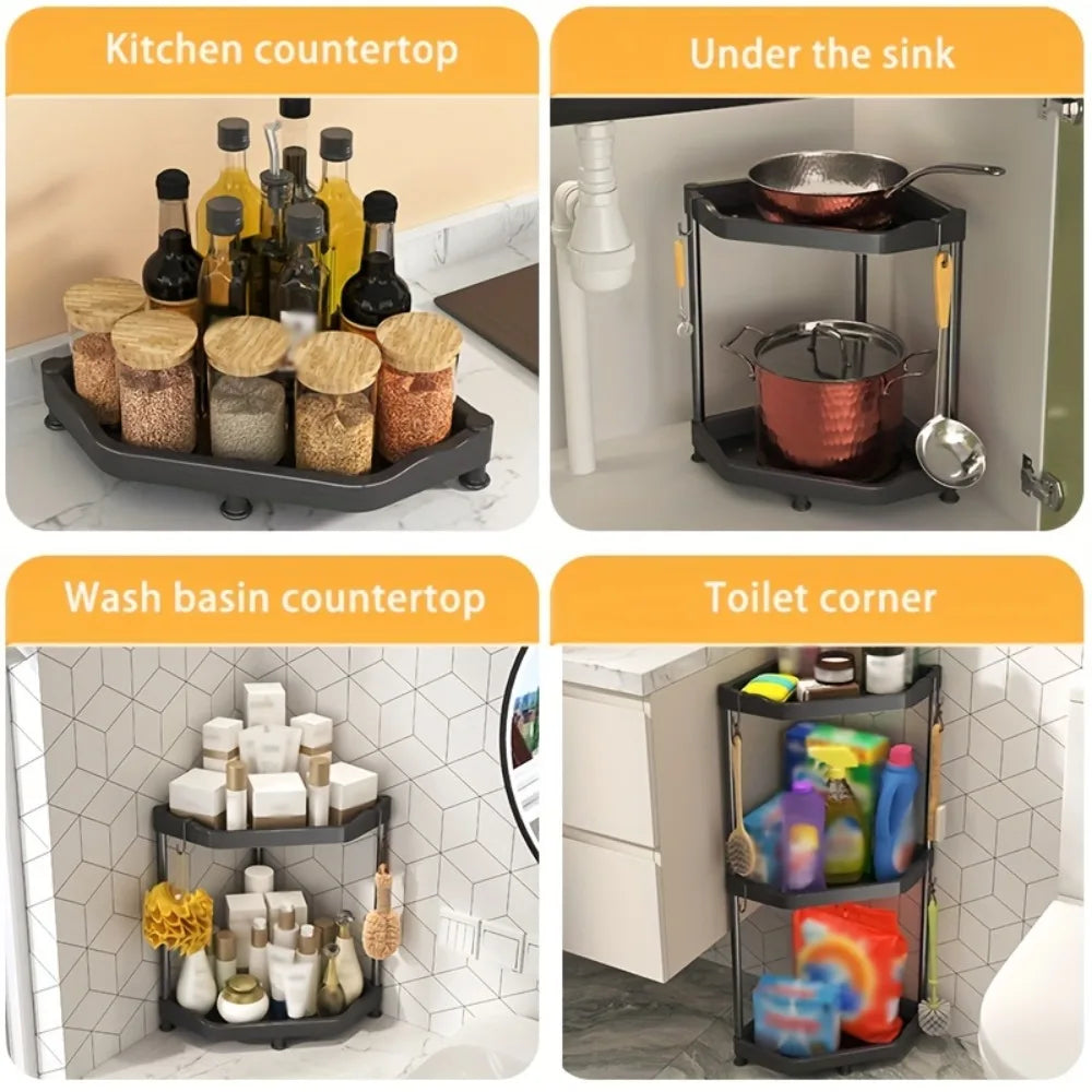 Corner shelf organizer in various kitchen and bathroom settings