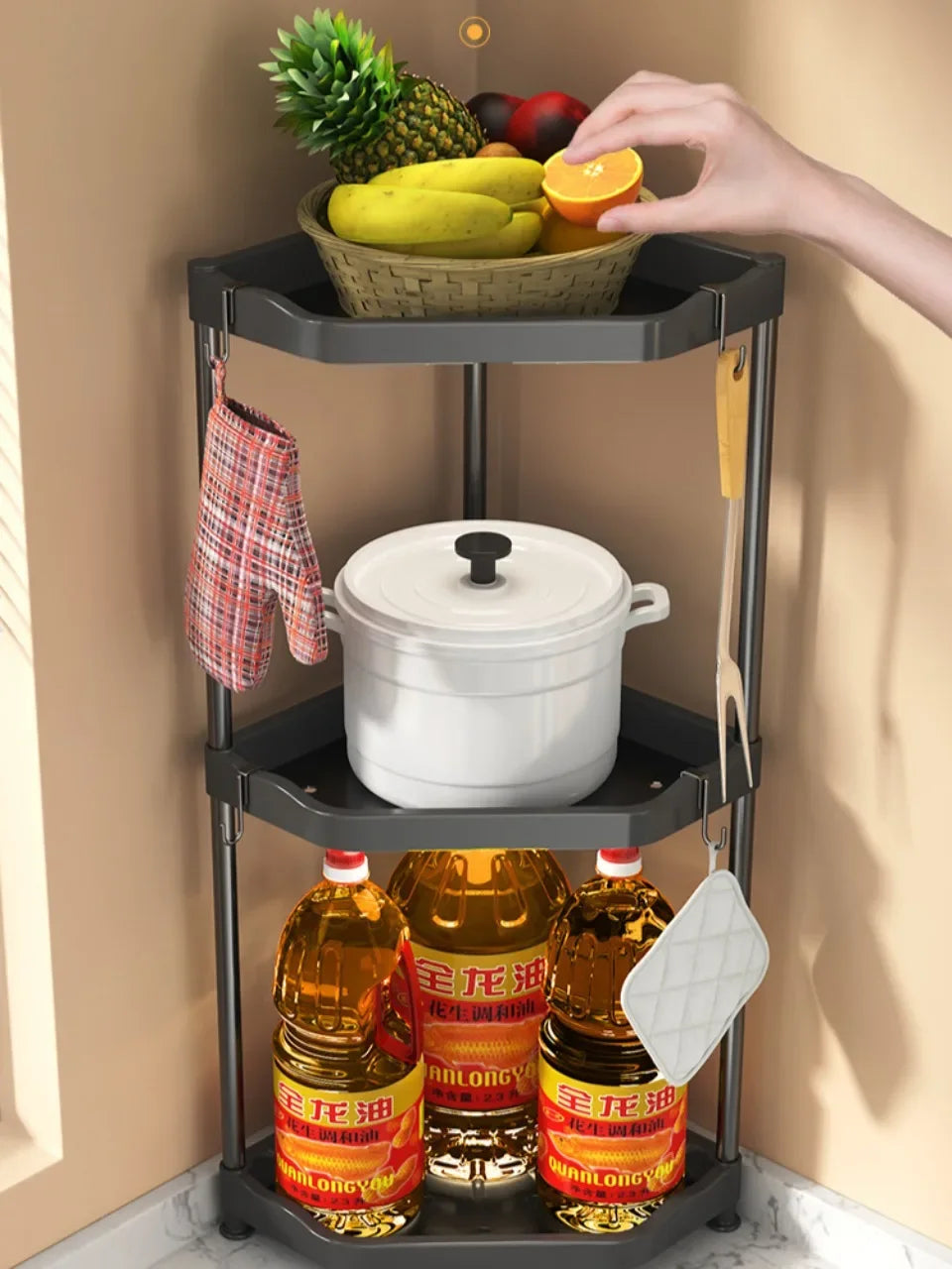 Corner shelf with kitchen items including a pot, bottles, and fruits.
