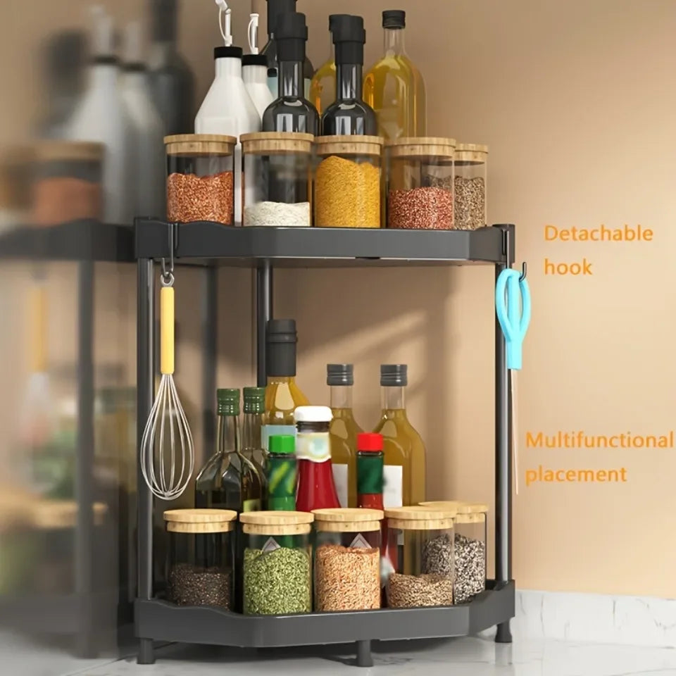 Corner spice rack with various bottles and jars on a beige background