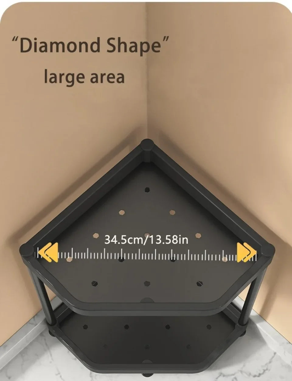 Black diamond-shaped shelf with measurement details on a beige background