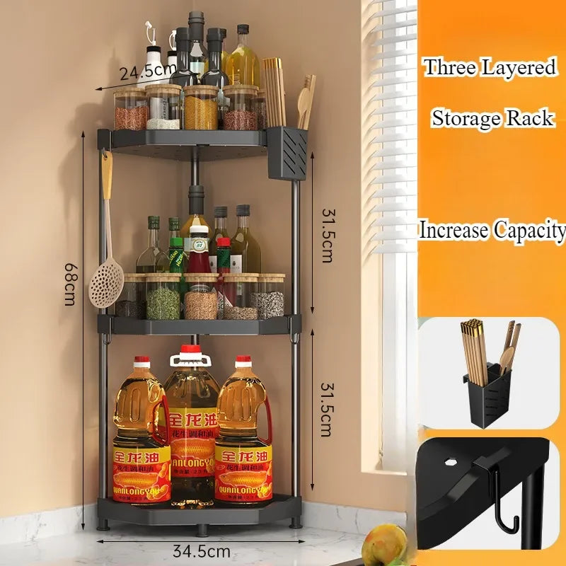 Three-layered storage rack with kitchen items and measurements, placed against a neutral wall.
