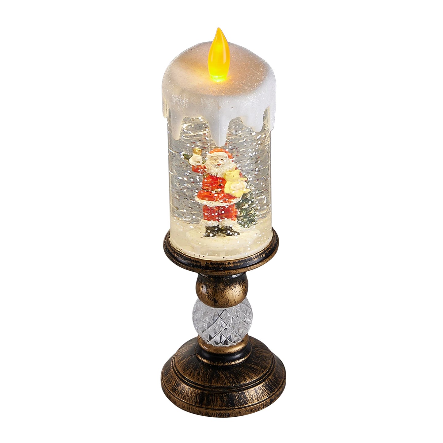Decorative candle with a small snow globe featuring a Santa Claus figure on a white background