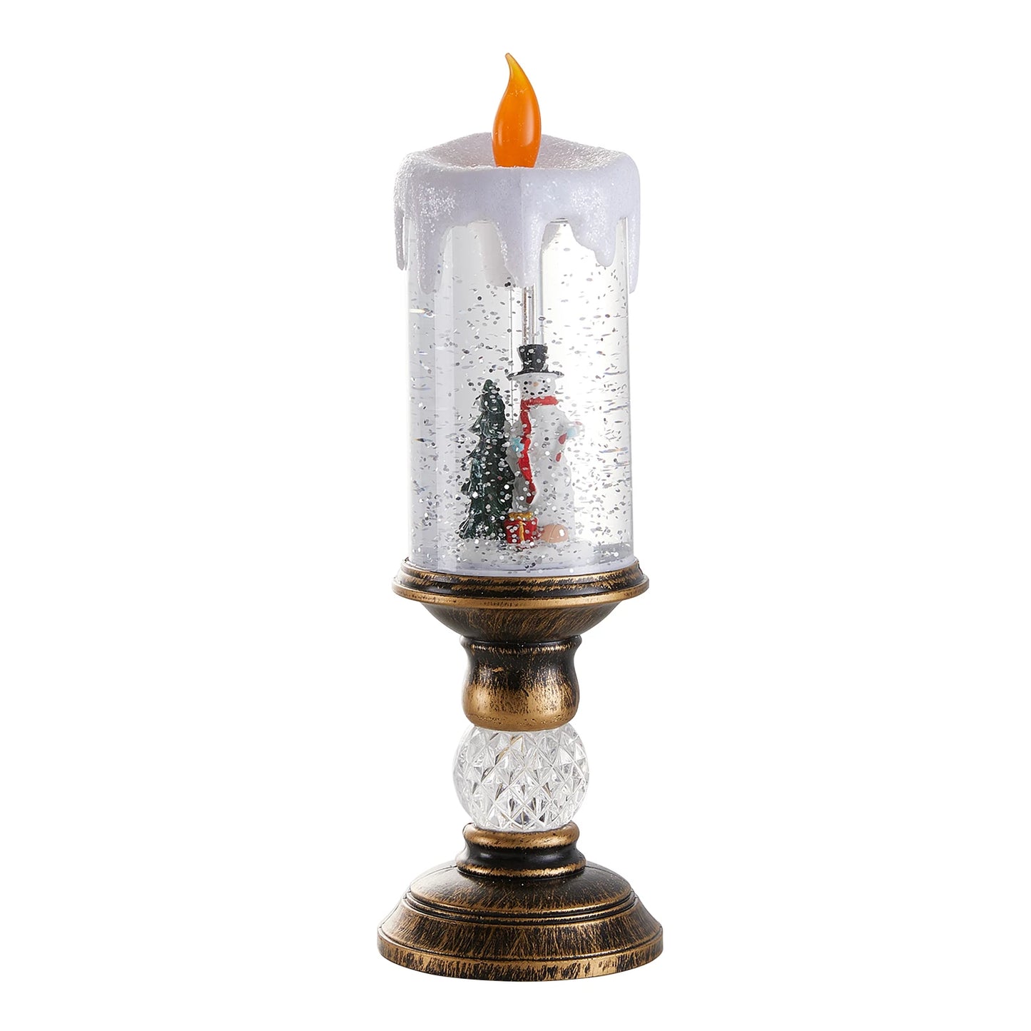 Decorative candle with snow globe effect on a white background