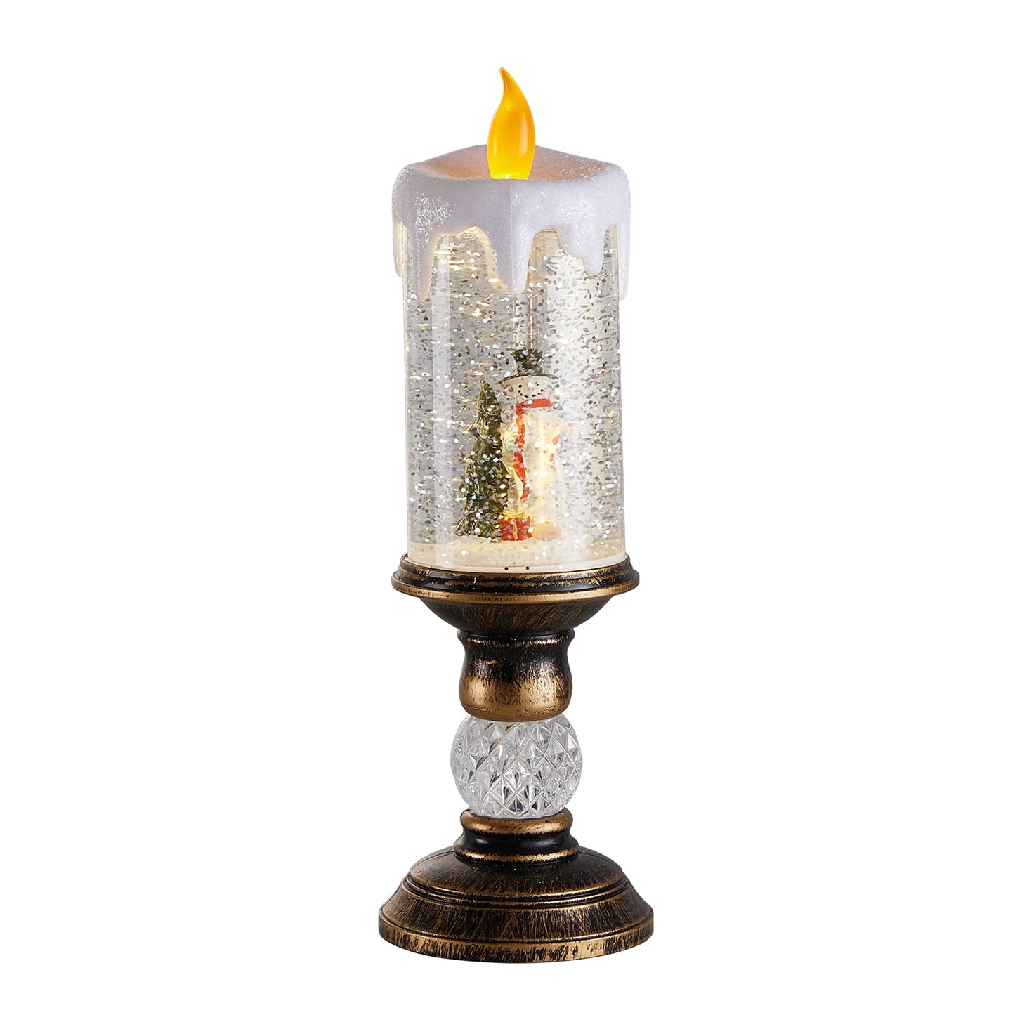 Decorative candle with a snowy landscape inside on a white background