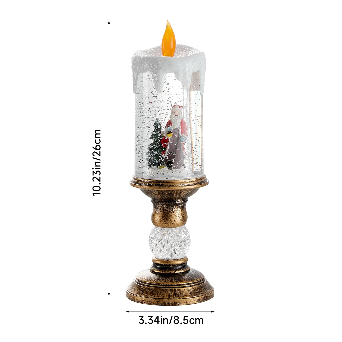 Decorative candle with a glass cover featuring a Santa Claus figure and Christmas tree, on a white background with dimensions displayed.