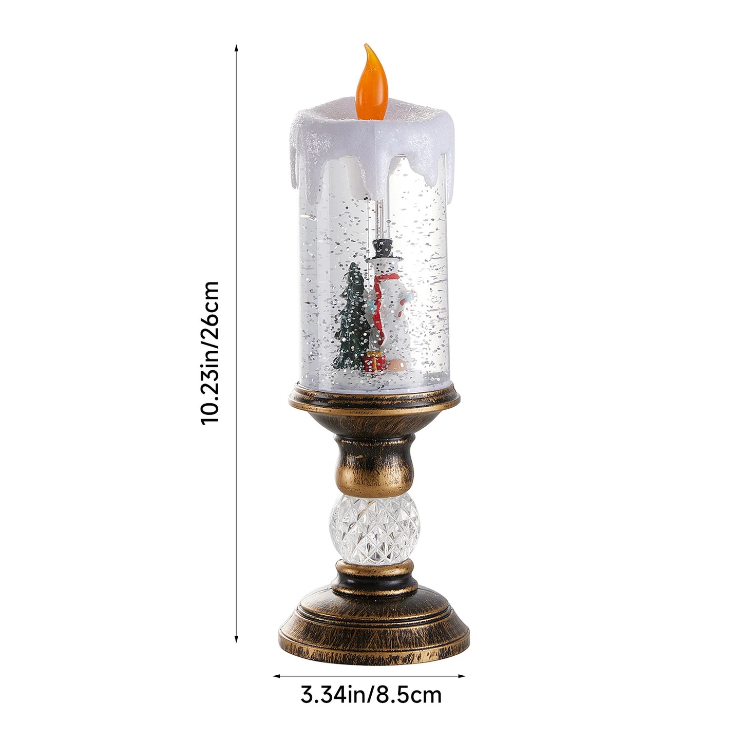 Decorative candle with a miniature scene inside a glass container, showing dimensions on a white background.