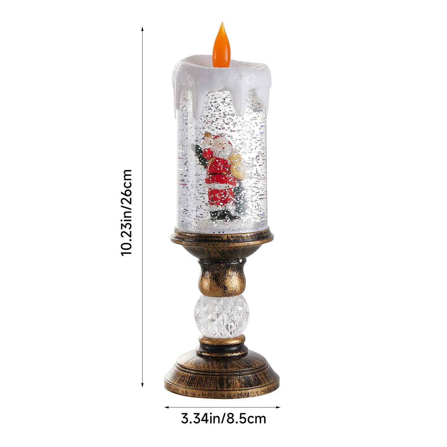 Decorative candle with a Santa Claus figure inside a snow globe, on a white background with dimensions indicated.