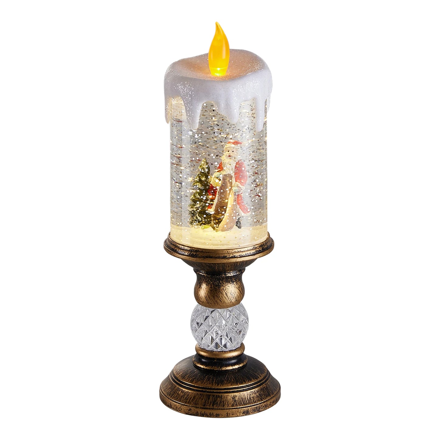 Decorative candle with Santa Claus and a tree inside a snow globe on a white background