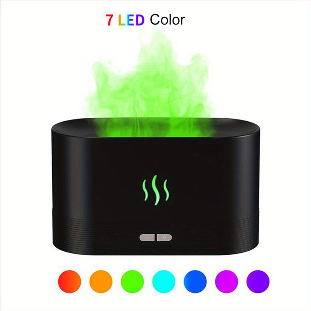 Black electronic device with green LED flames on a white background