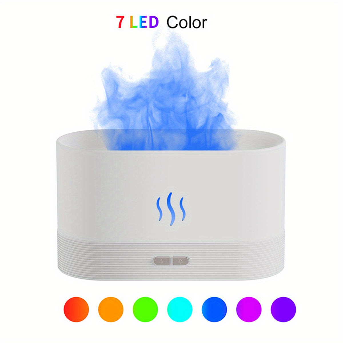 White humidifier with blue steam and 7 LED color options displayed above it on a white background.