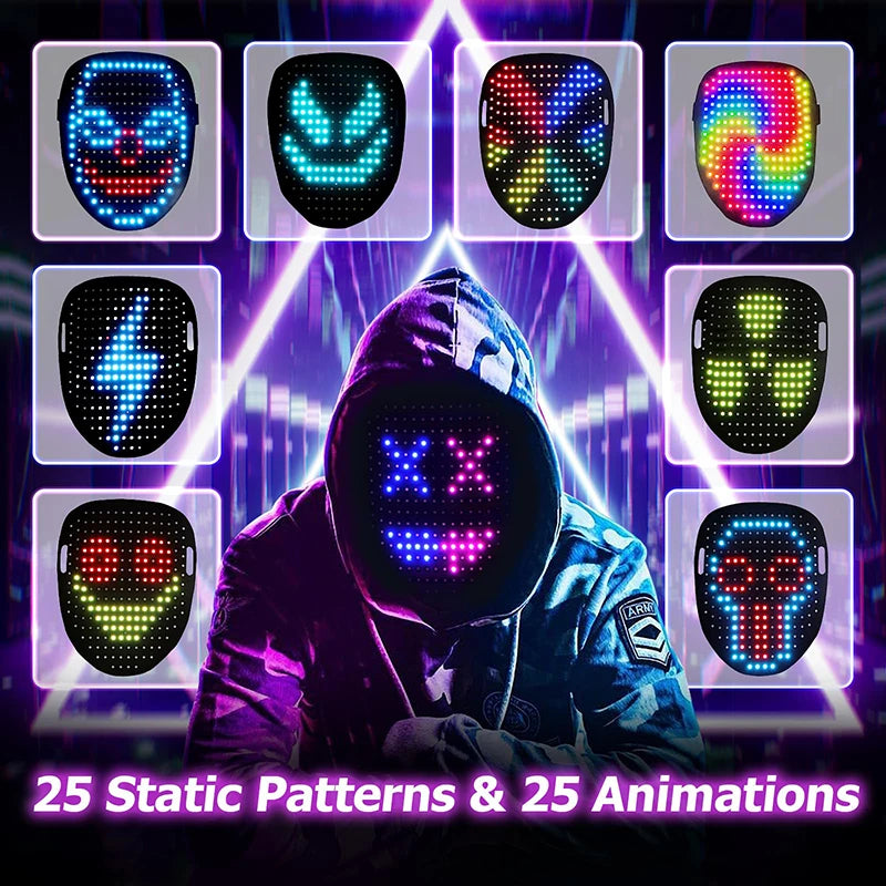 LED mask with dynamic light patterns and a person wearing it against a dark background.