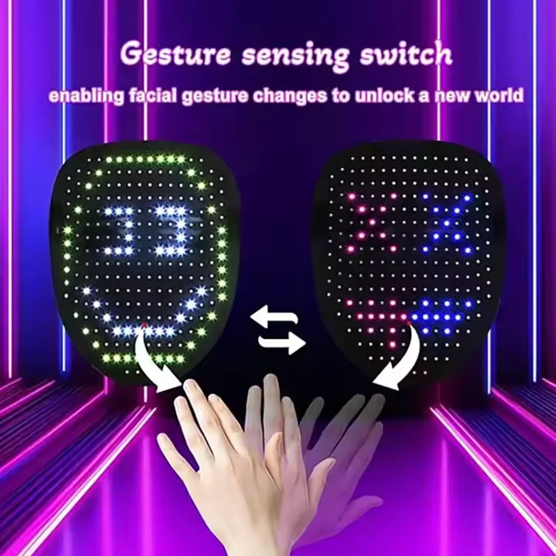 LED face masks with gesture sensing switch on a purple background