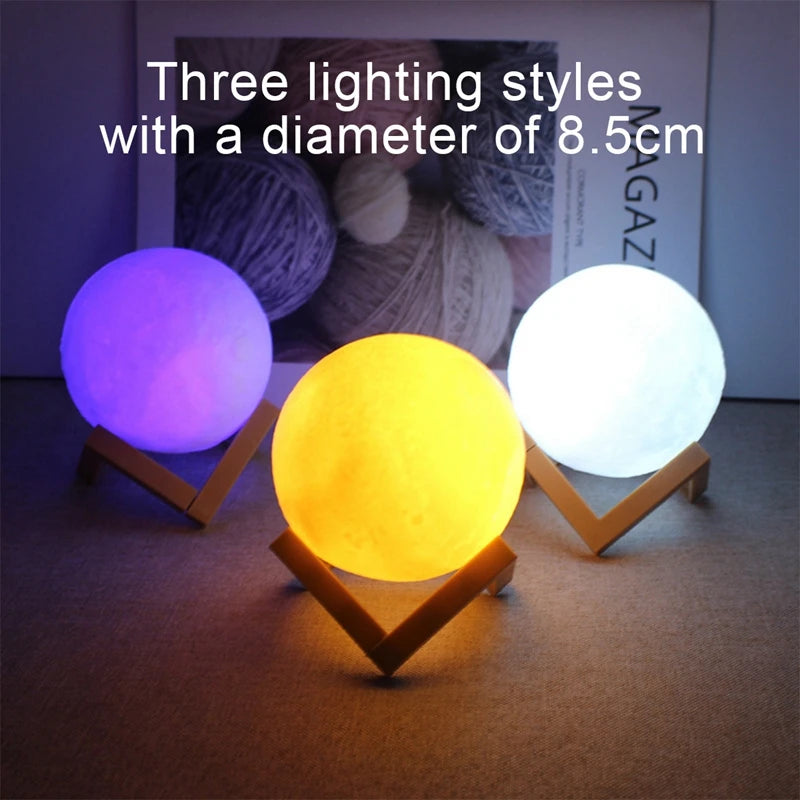 Three colorful moon lamp styles on stands with text indicating lighting styles and diameter.
