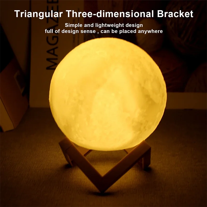 Moon lamp on a triangular stand with text about its design and placement flexibility.