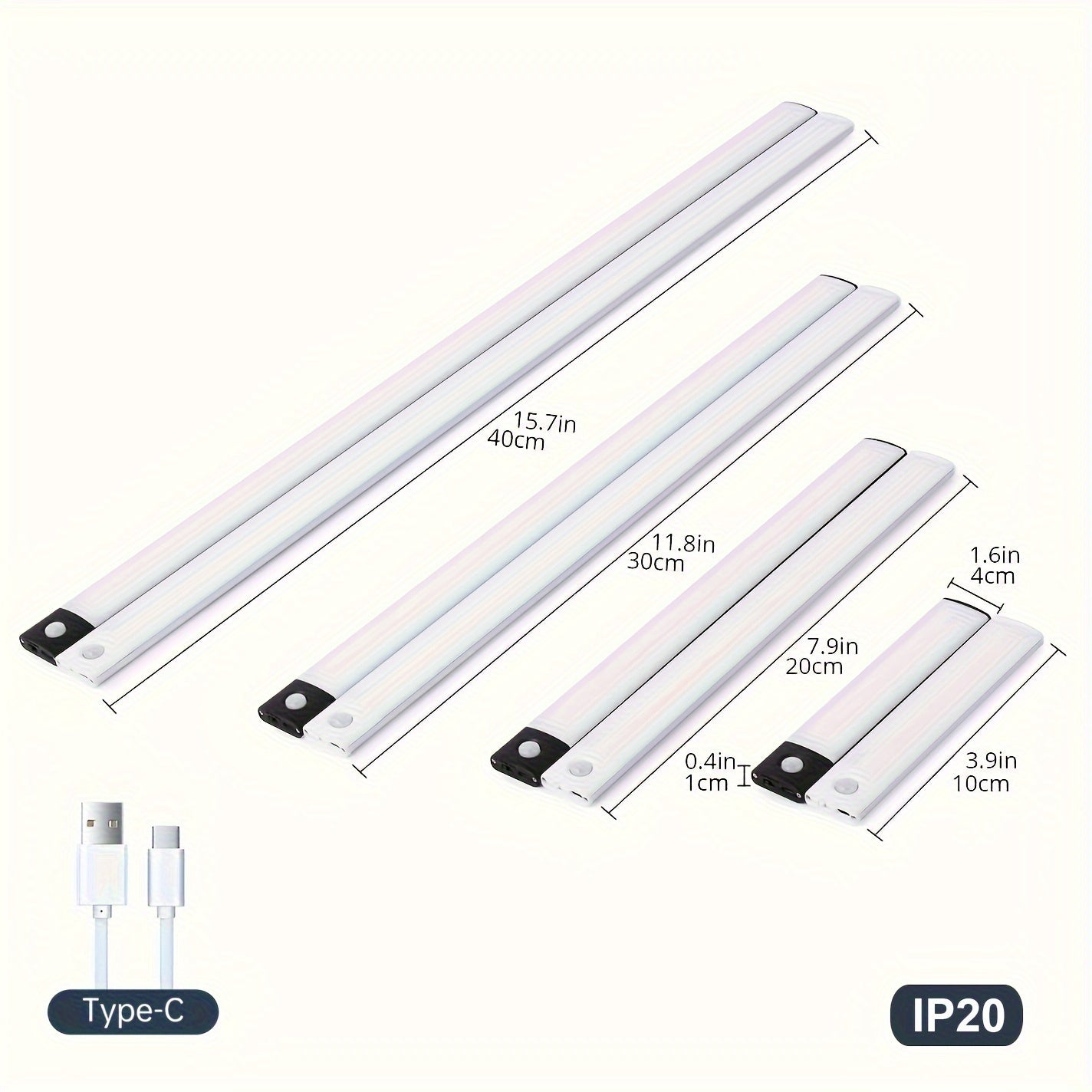 Three LED light strips with measurements and a Type-C cable on a white background