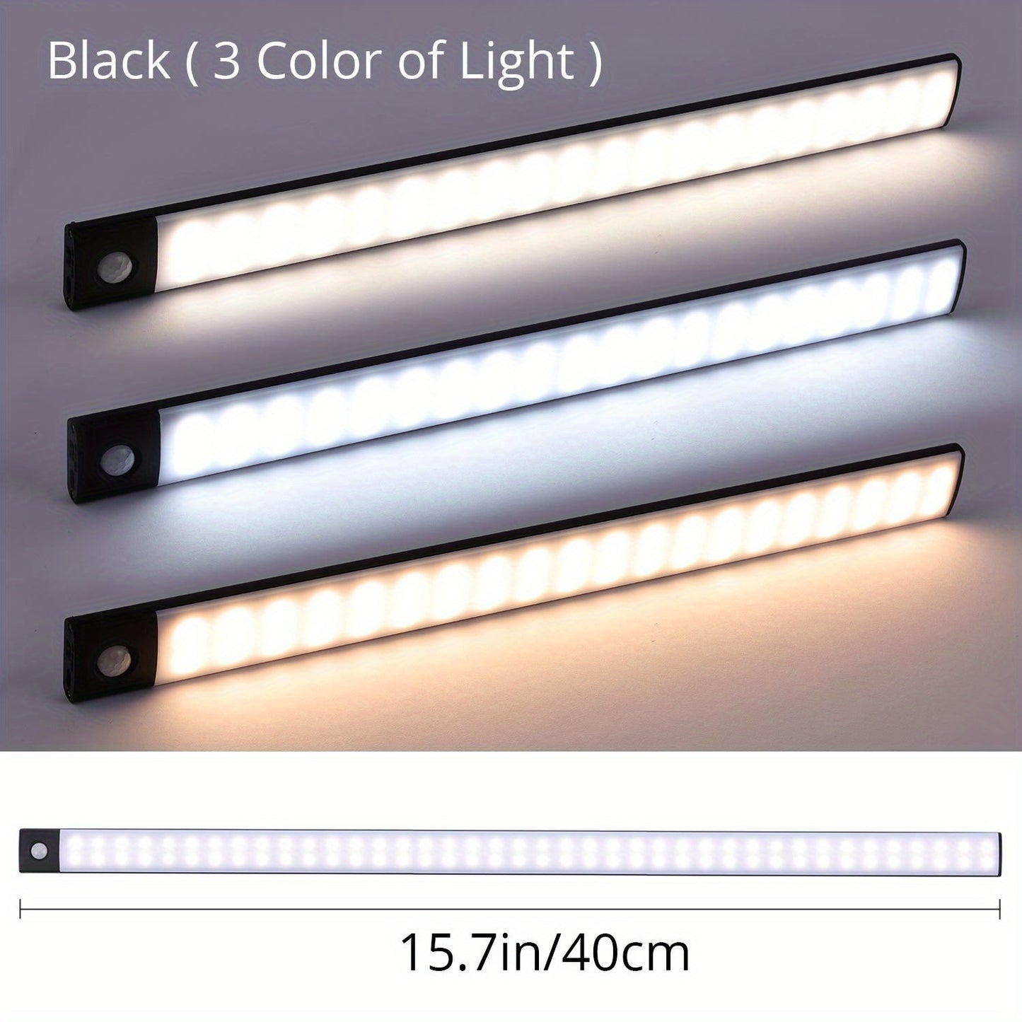 Three LED light bars showing different color temperatures on a gray background, with a measurement label at the bottom.
