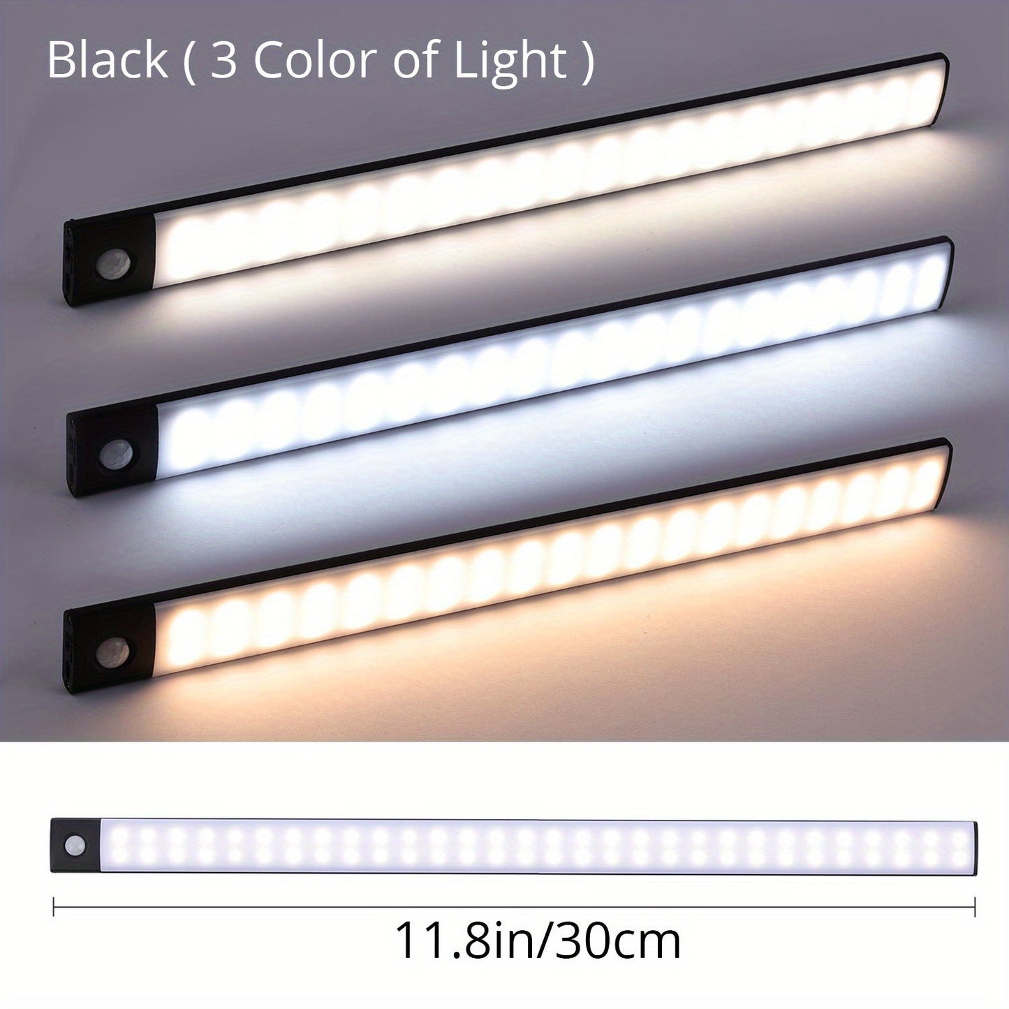 Three LED light bars with different color temperatures on a gray background, labeled 'Black (3 Color of Light)'.