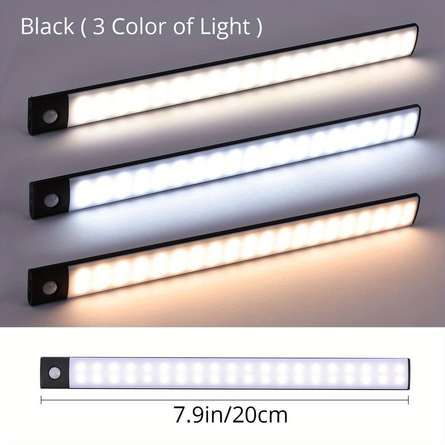 Three LED light bars with different color temperatures on a gray background, labeled 'Black (3 Color of Light)'.