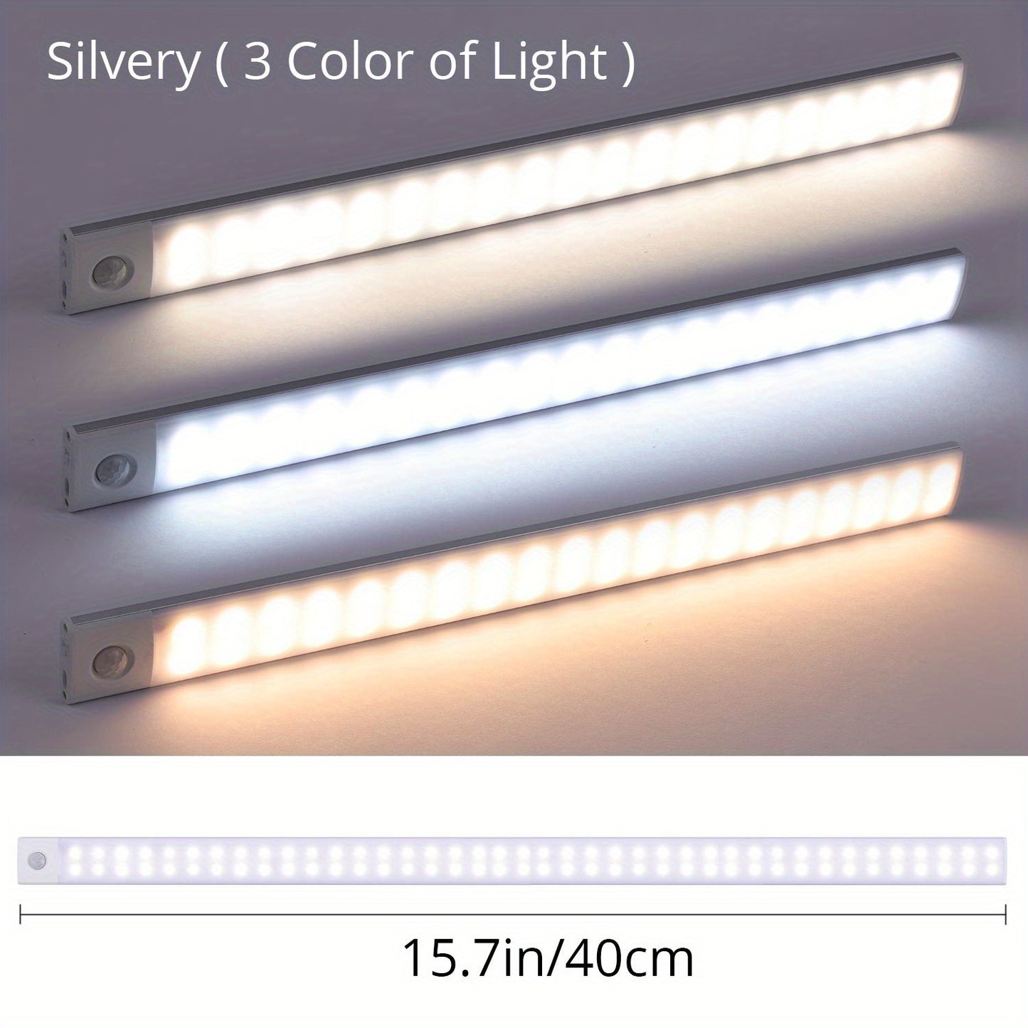 Three LED light strips with different color temperatures on a gray background.