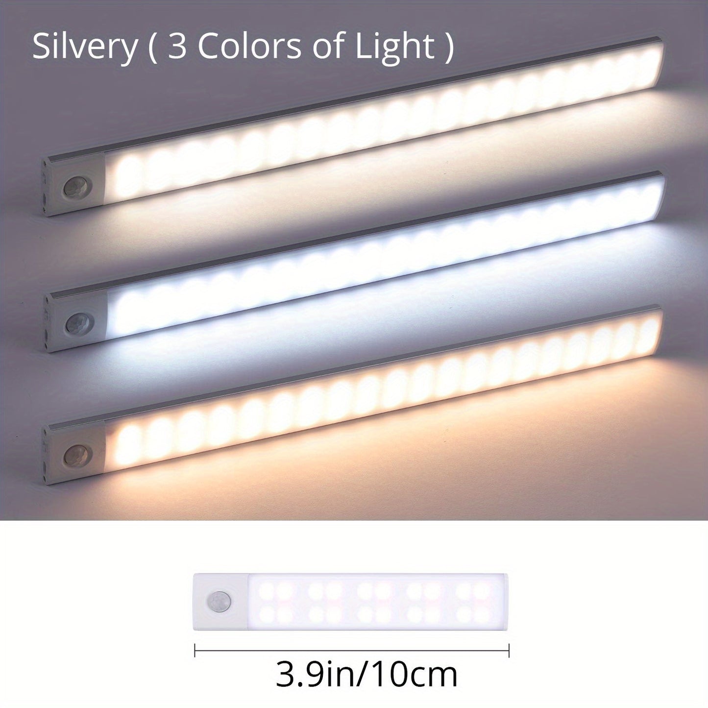 Three LED strip lights with different color temperatures on a gray background, labeled 'Silvery (3 Colors of Light)'.