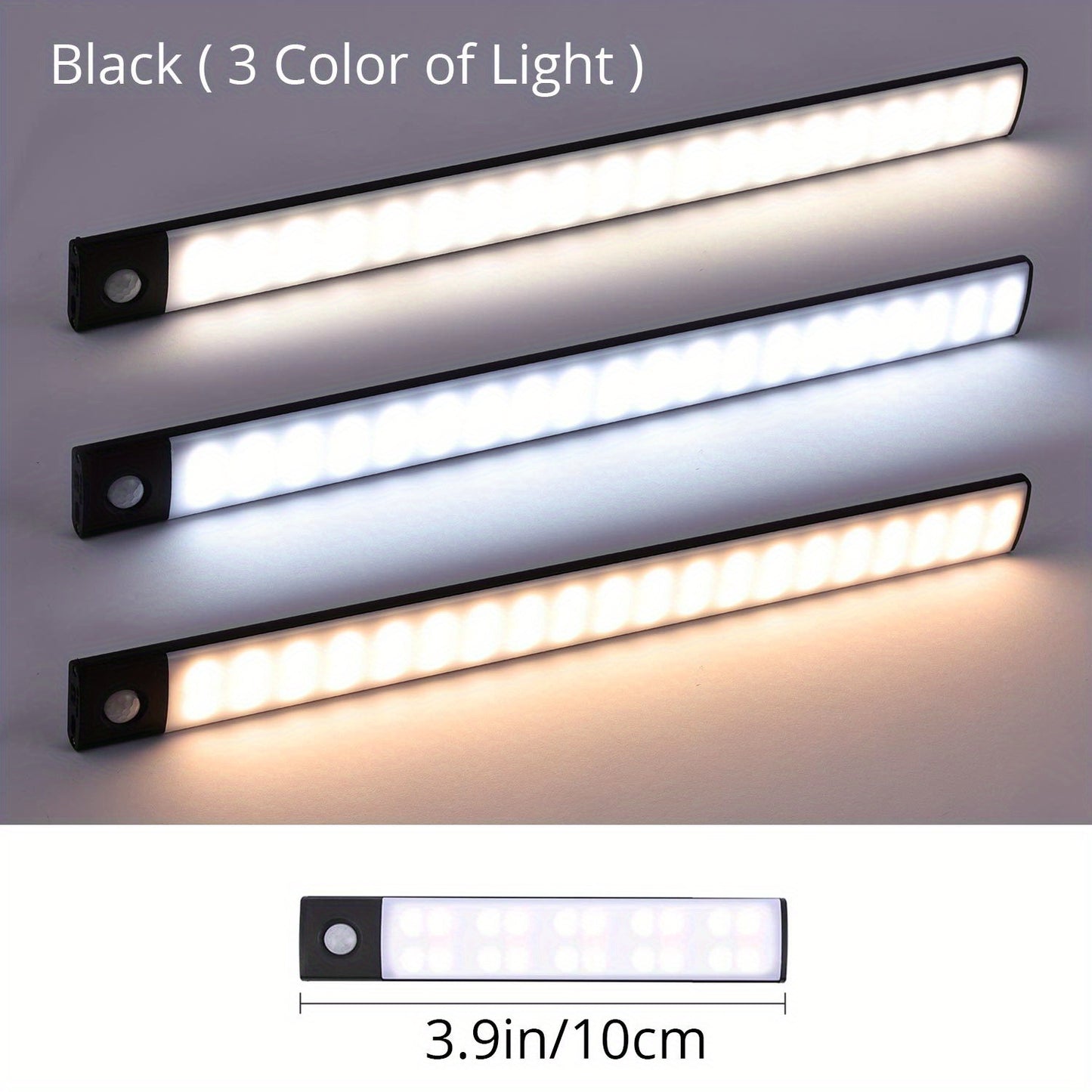 Three LED light bars with different color temperatures on a gray background, showing their dimensions.