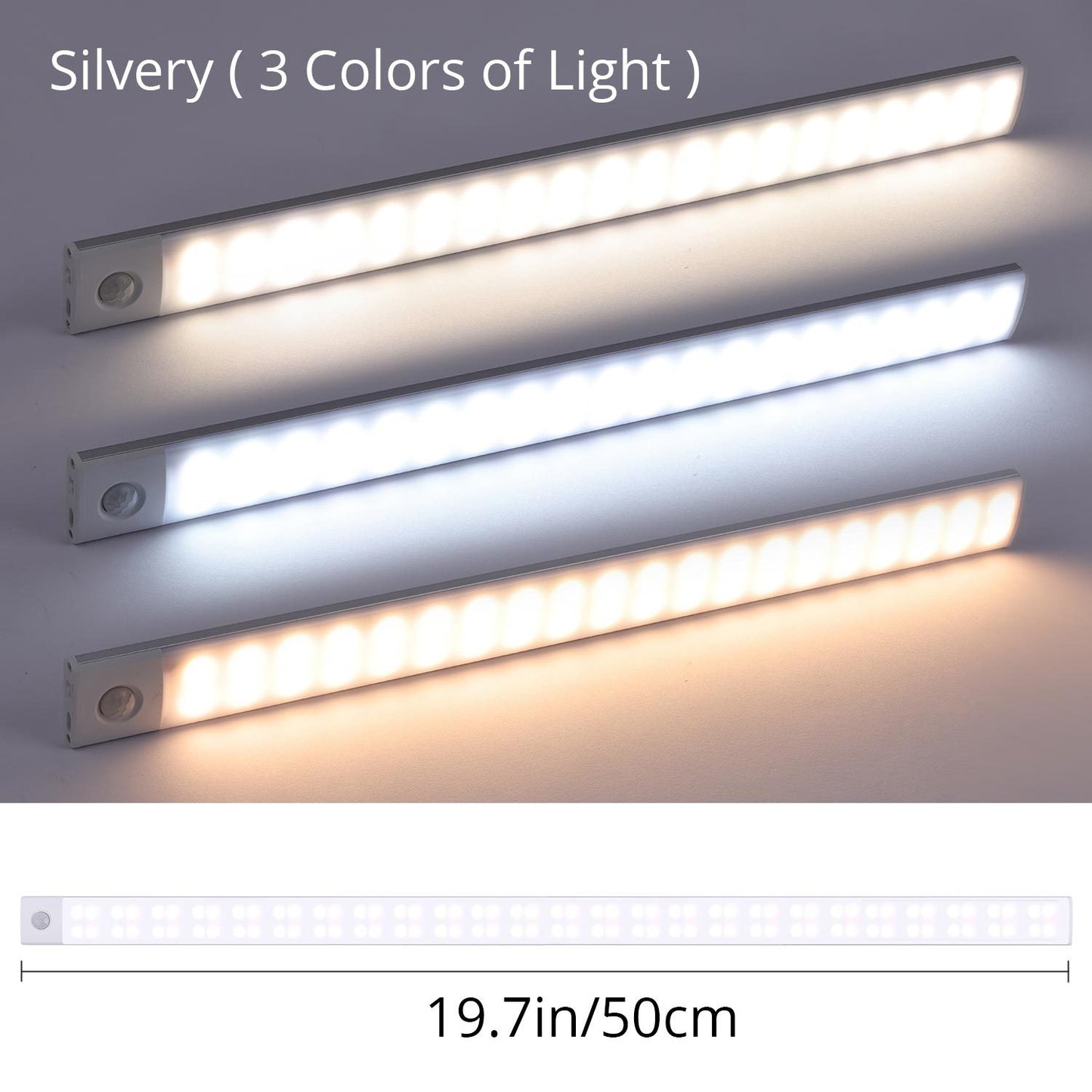 Three LED light strips emitting different colors of light on a gray background.