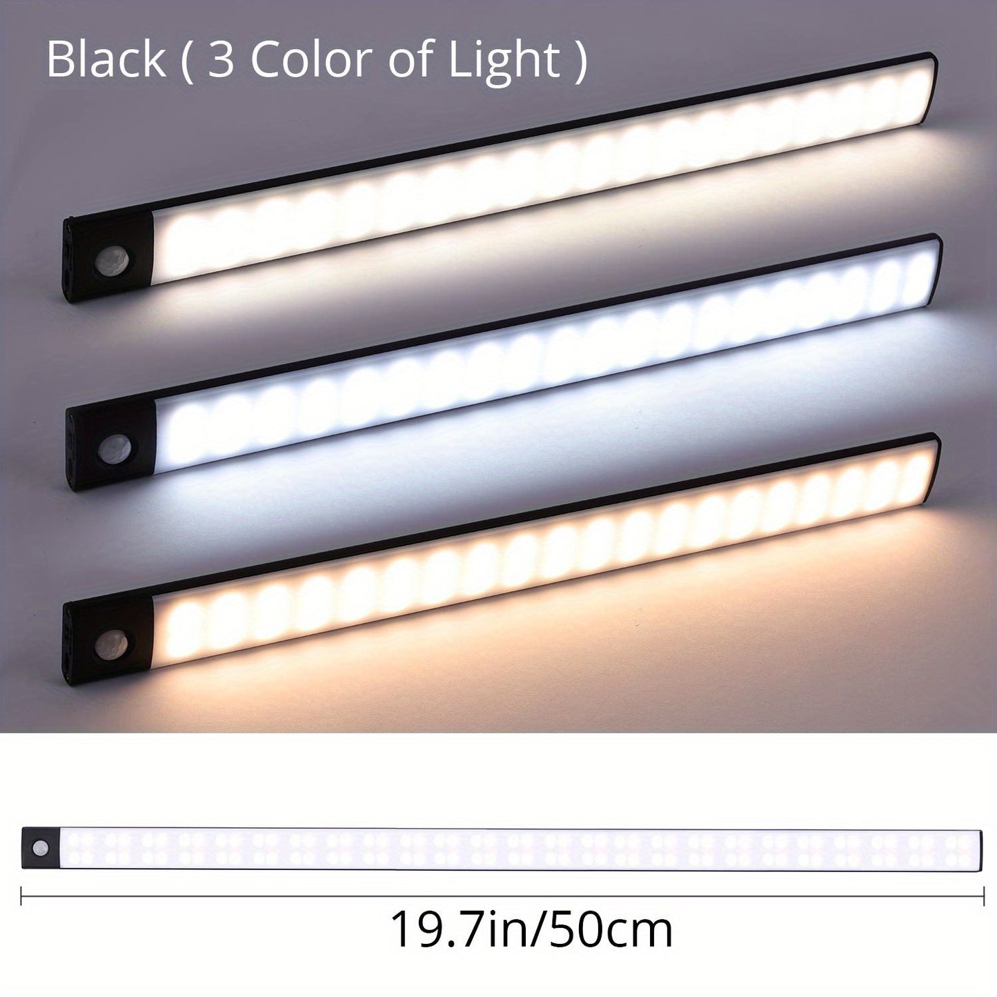 Three LED light bars with different color temperatures on a gray background, labeled 'Black (3 Color of Light)'.