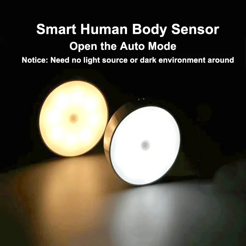 Smart human body sensor light with text on a black background