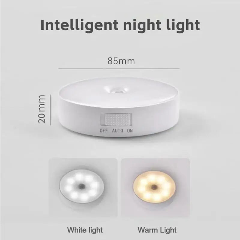 Intelligent night light with dimensions and light color options on a gray background