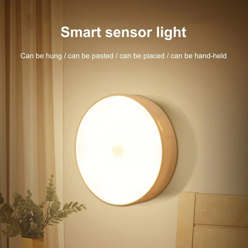 Round smart sensor light fixture on a wall with text indicating its versatility.