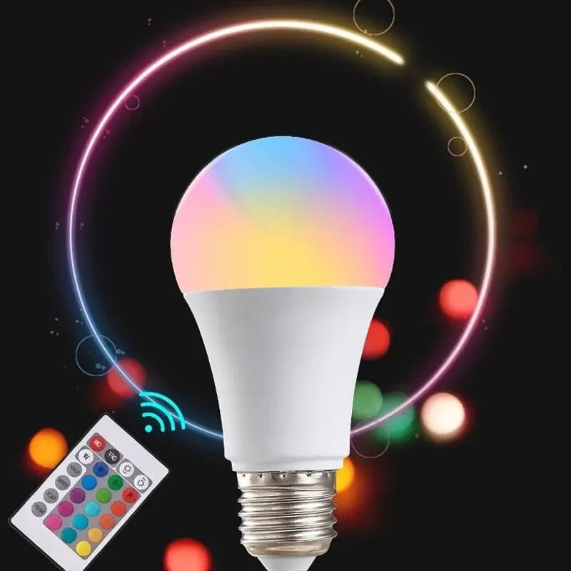 Smart light bulb with remote control on a dark background with colorful lights